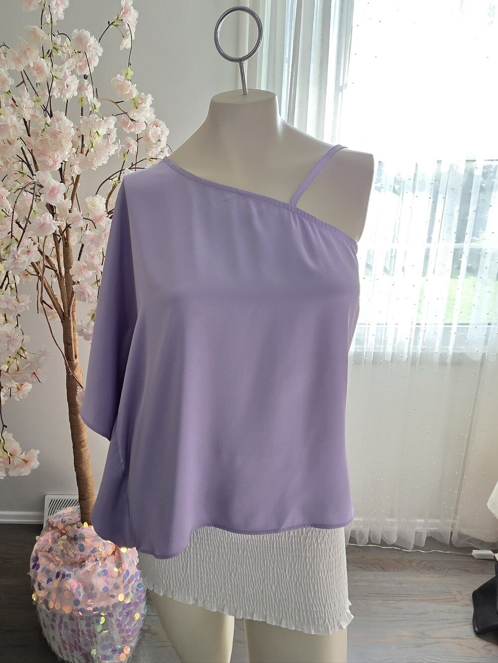 Grace Karin Lavender Satin One-Shoulder Top